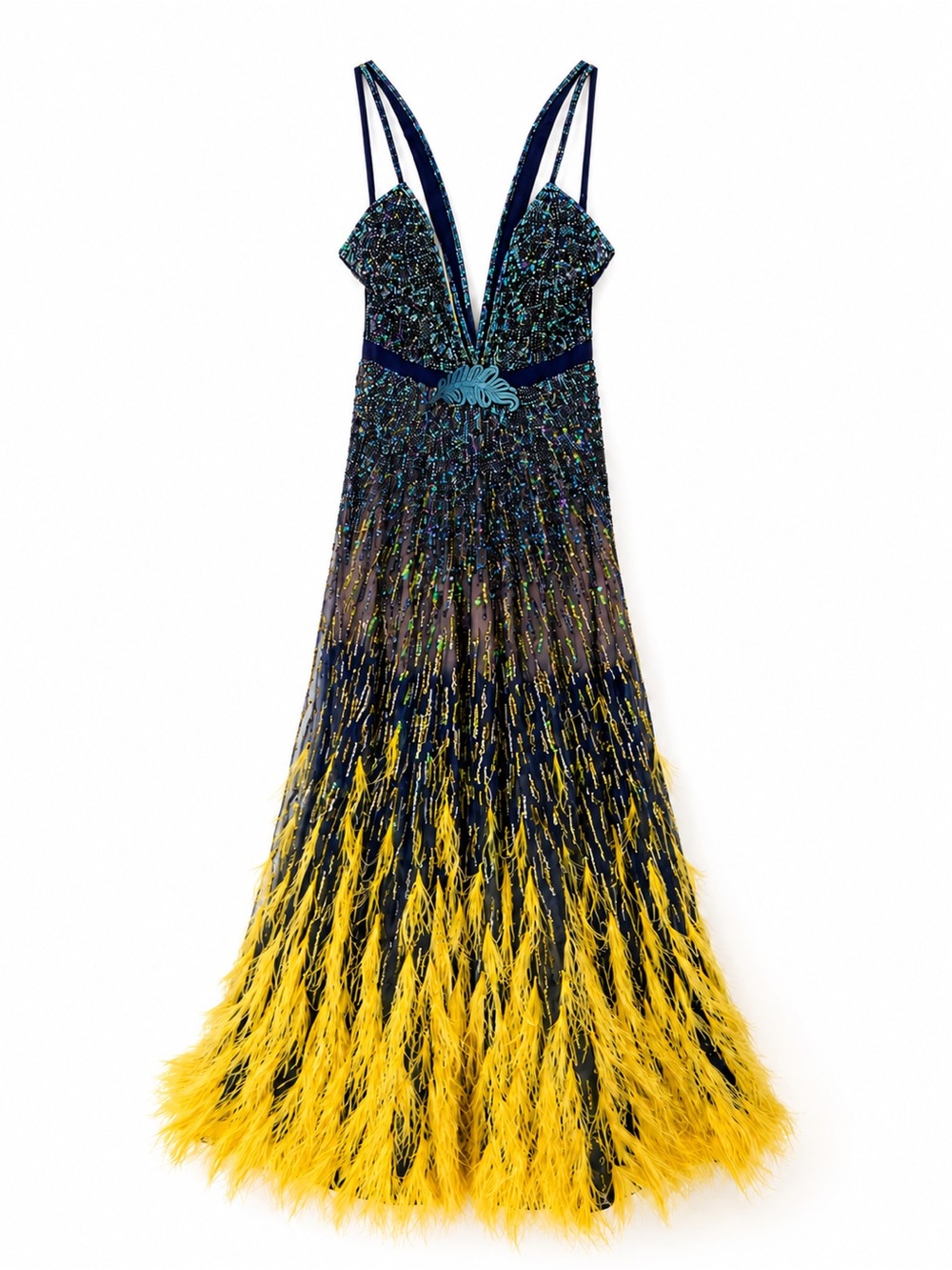 Beaded Deep-V Maxi Dress with Yellow Feather Hem